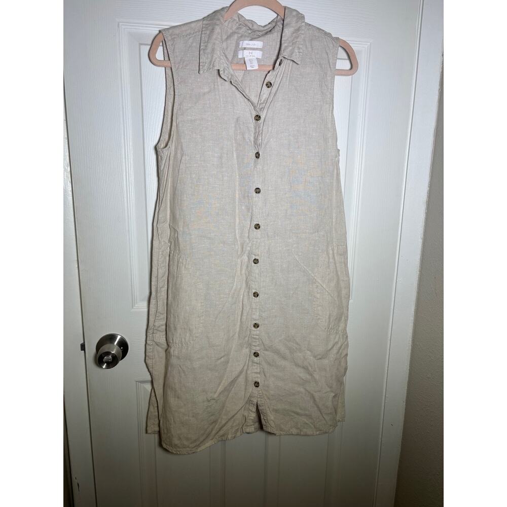 Halston Tan 100% Linen Sleeveless Button Front Shirt Dress w/pockets size Large